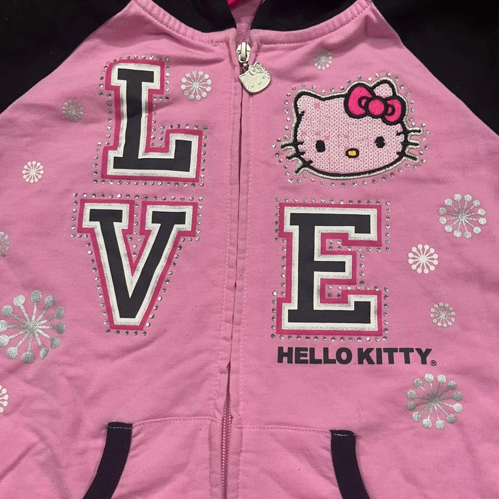 Hello Kitty Girls Pink Black Love Sequin Zip Up Hoodie Sweatshirt Size L Y2K